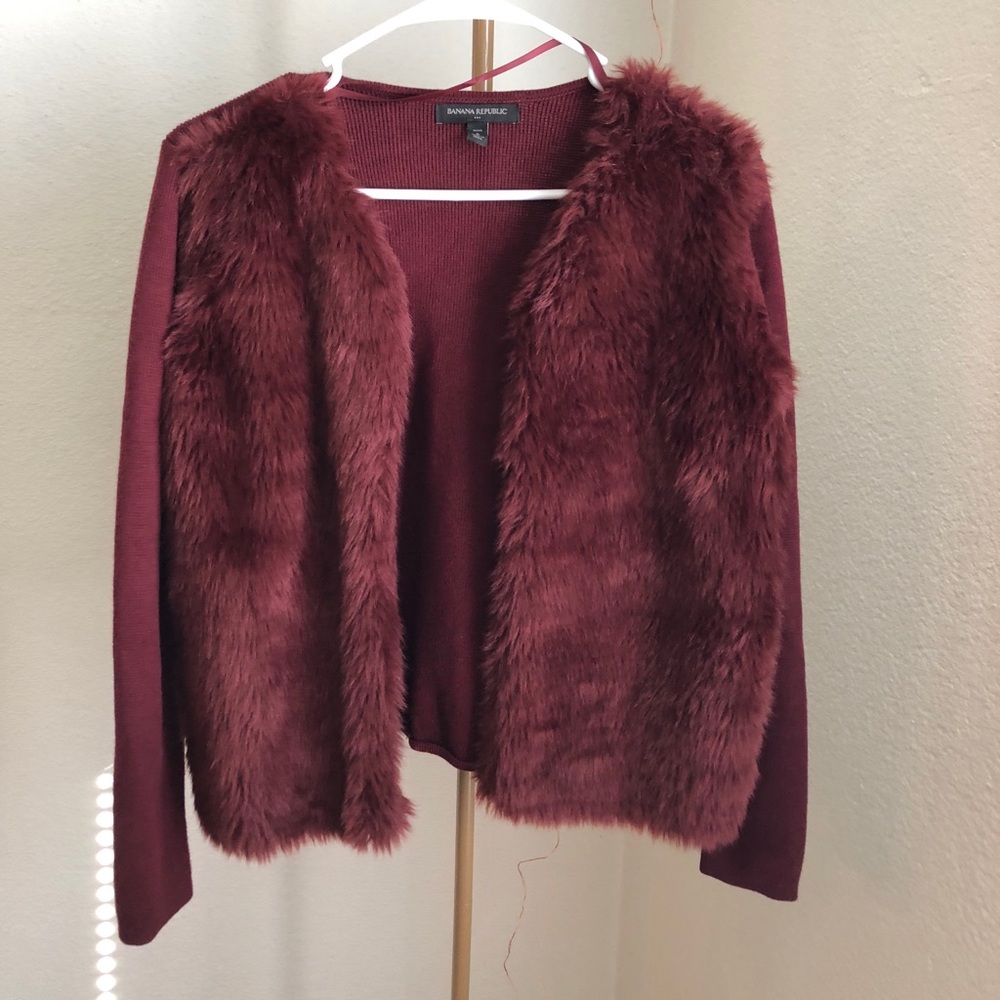 Banana Republic Burgundy Faux Fur Cardigan